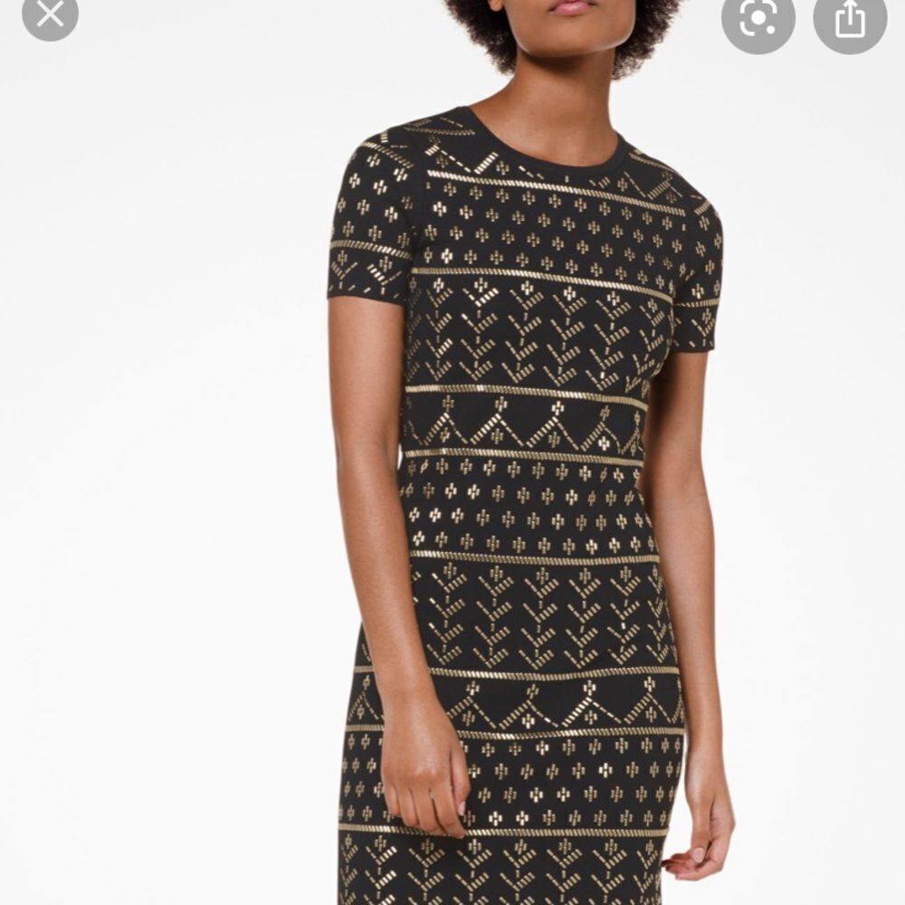 MICHAEL KORS Geometric Embellished Dress in XXS. Black and Gold. NEW w/Tags $495